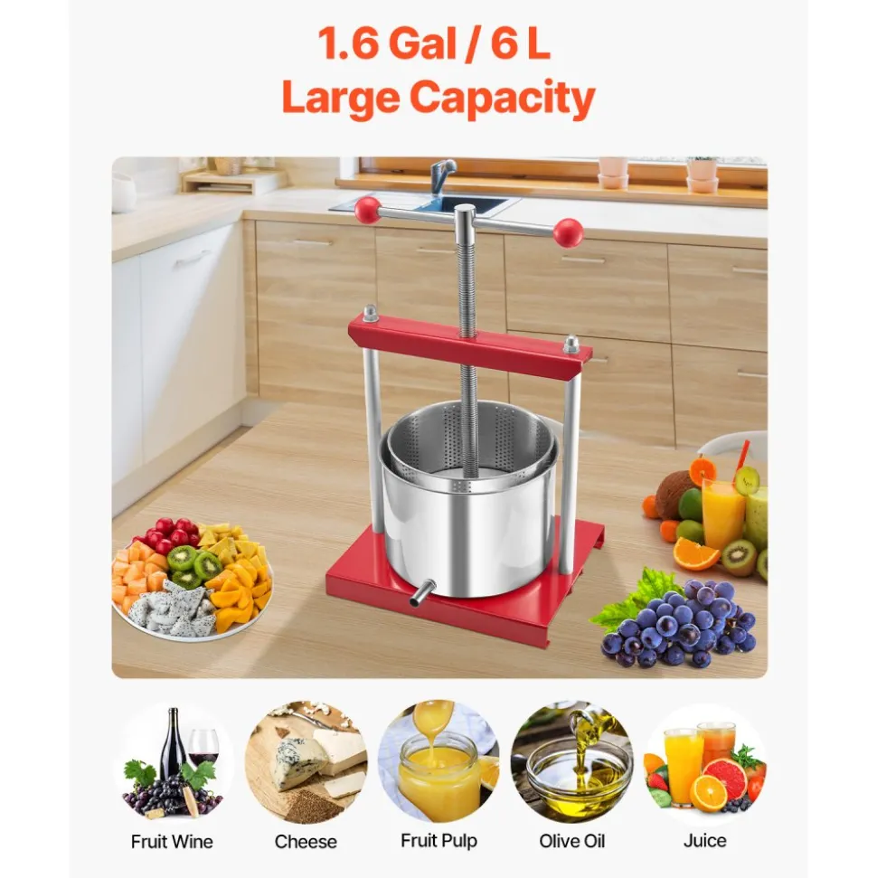 VEVOR 1.6 Gal/6L Fruit Wine Press, 2 Stainless Steel Barrels, Manual Juice Maker, Cider Apple Grape Tincture Honey Olive Oil Making Press with T-Handle for Outdoor Kitchen Home