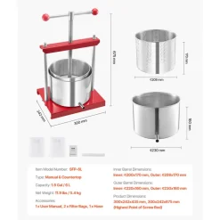 VEVOR 1.6 Gal/6L Fruit Wine Press, 2 Stainless Steel Barrels, Manual Juice Maker, Cider Apple Grape Tincture Honey Olive Oil Making Press with T-Handle for Outdoor Kitchen Home