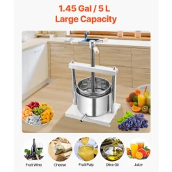 VEVOR 1.45 Gal/5L Fruit Wine Press, 2 Stainless Steel Barrels, Manual Juice Maker, Cider Apple Grape Tincture Honey Olive Oil Making Press with Triangular Handle for Outdoor Kitchen Home