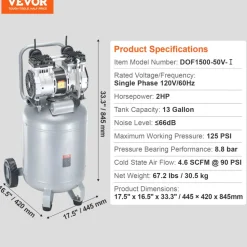 VEVOR 13 Gallon Air Compressor, 2HP 4.6 SCFM@90PSI Oil Free Air Compressor Tank, 66dB Ultra-Quiet Compressor for Tire Inflation, Auto Repair, Woodwork Nailing, Spray Painting (125PSI Max Pressure)