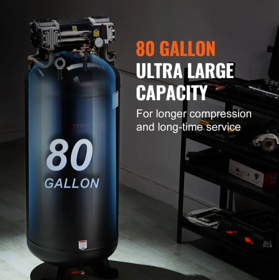 VEVOR 80 Gallon Air Compressor, 6.5HP 15.5SCFM@90 PSI, 145PSI Oil Free Stationary Air Compressor Tank, 86dB Ultra Quiet Compressor for Industrial Manufacturing, Construction Sites, Auto Repair