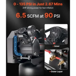 VEVOR 20-Gallon Air Compressor, 2HP 6.5SCFM at 90PSI, Max 135PSI Pressure Oil-Lubricated Air Compressor Tank, Portable on Wheels for Auto Repair, Tire Inflation, Spray Painting, Woodwork Nailing, 120V