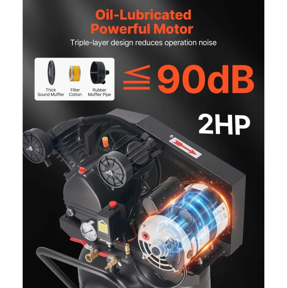 VEVOR 20-Gallon Air Compressor, 2HP 6.5SCFM at 90PSI, Max 135PSI Pressure Oil-Lubricated Air Compressor Tank, Portable on Wheels for Auto Repair, Tire Inflation, Spray Painting, Woodwork Nailing, 120V