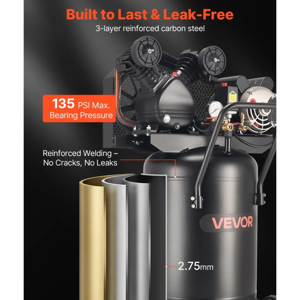 VEVOR 20-Gallon Air Compressor, 2HP 6.5SCFM at 90PSI, Max 135PSI Pressure Oil-Lubricated Air Compressor Tank, Portable on Wheels for Auto Repair, Tire Inflation, Spray Painting, Woodwork Nailing, 120V