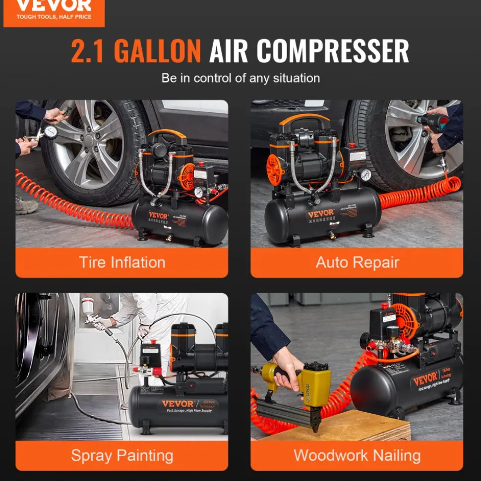 VEVOR 2.1 Gallon Air Compressor, 1.2HP 2.2 CFM@90PSI Air Compressors with Max. 116PSI Pressure, Oil Free Compressor Tank for Auto Repair, Tire Inflation, Spray Painting, Woodwork Nailing