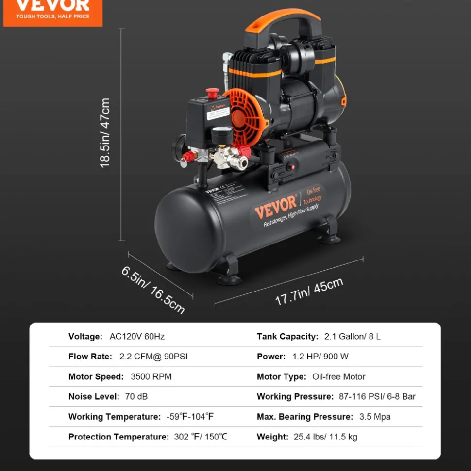 VEVOR 2.1 Gallon Air Compressor, 1.2HP 2.2 CFM@90PSI Air Compressors with Max. 116PSI Pressure, Oil Free Compressor Tank for Auto Repair, Tire Inflation, Spray Painting, Woodwork Nailing