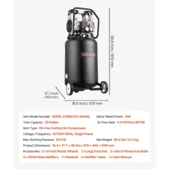 VEVOR 10-Gallon Air Compressor, 2HP 4.8 SCFM at 90PSI, Max 125PSI Pressure Oil-Free Air Compressor Tank, Portable on Wheels for Auto Repair, Tire Inflation, Spray Painting, Woodwork Nailing, 120V