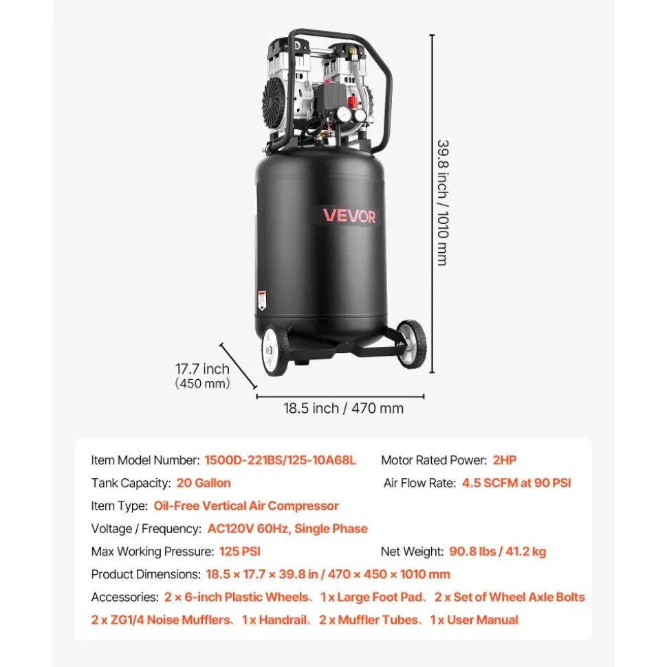 VEVOR 10-Gallon Air Compressor, 2HP 4.8 SCFM at 90PSI, Max 125PSI Pressure Oil-Free Air Compressor Tank, Portable on Wheels for Auto Repair, Tire Inflation, Spray Painting, Woodwork Nailing, 120V