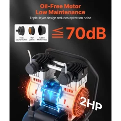VEVOR 10-Gallon Air Compressor, 2HP 4.8 SCFM at 90PSI, Max 125PSI Pressure Oil-Free Air Compressor Tank, Portable on Wheels for Auto Repair, Tire Inflation, Spray Painting, Woodwork Nailing, 120V