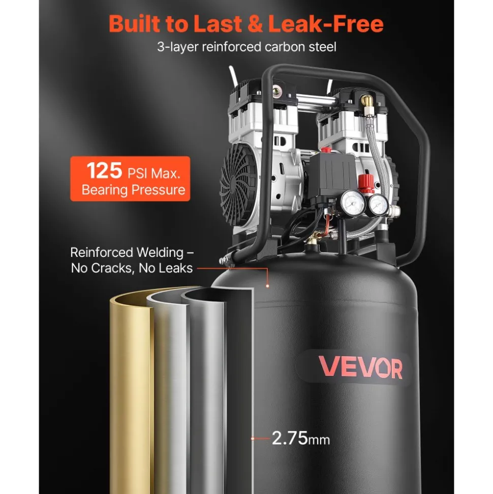 VEVOR 10-Gallon Air Compressor, 2HP 4.8 SCFM at 90PSI, Max 125PSI Pressure Oil-Free Air Compressor Tank, Portable on Wheels for Auto Repair, Tire Inflation, Spray Painting, Woodwork Nailing, 120V