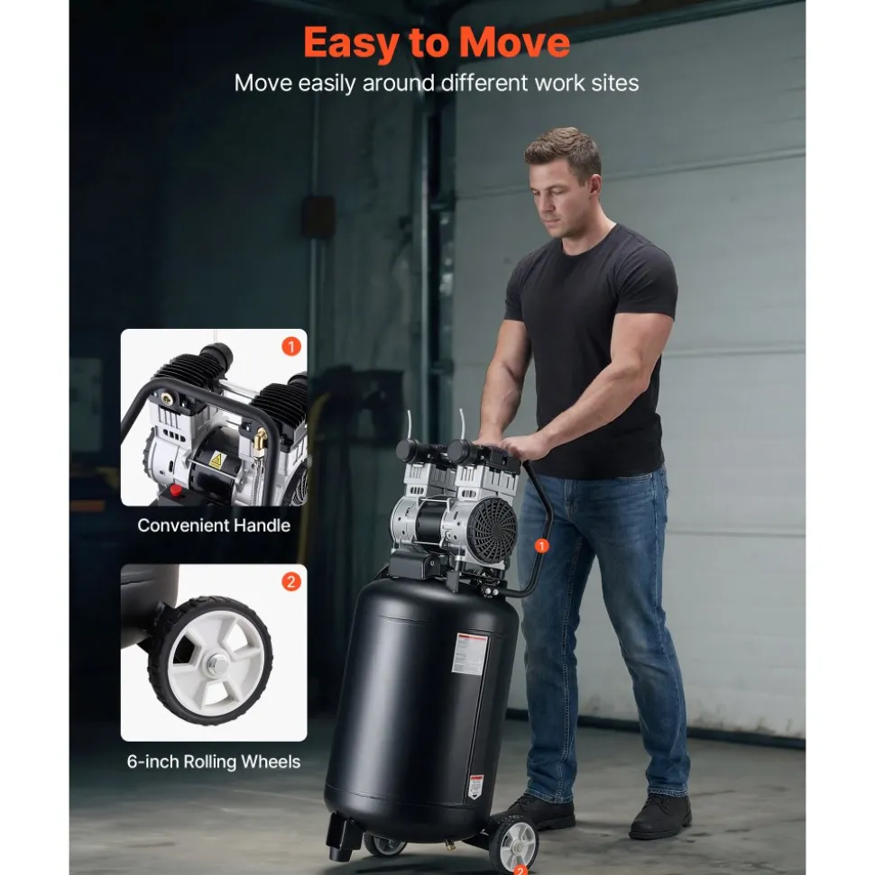 VEVOR 10-Gallon Air Compressor, 2HP 4.8 SCFM at 90PSI, Max 125PSI Pressure Oil-Free Air Compressor Tank, Portable on Wheels for Auto Repair, Tire Inflation, Spray Painting, Woodwork Nailing, 120V