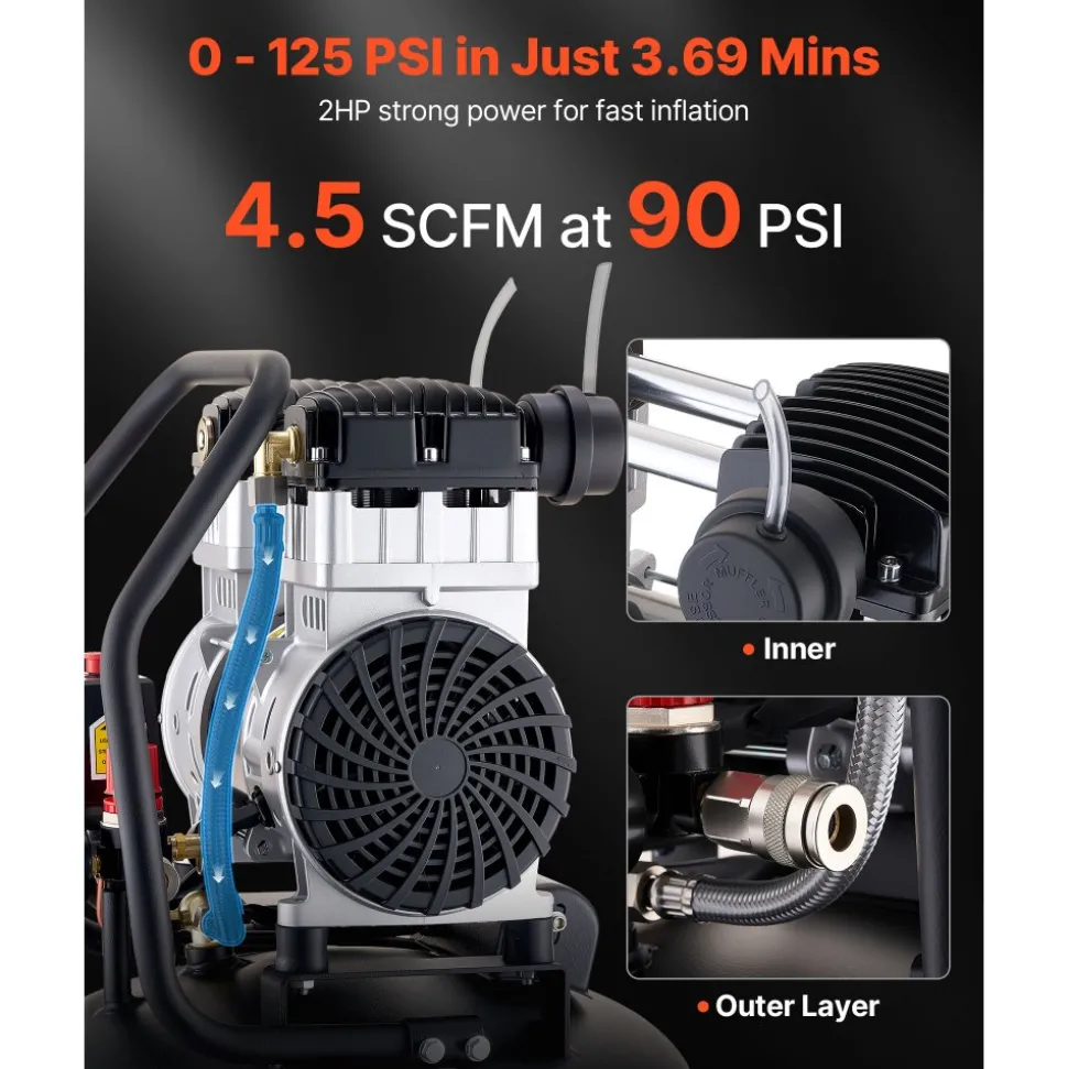 VEVOR 10-Gallon Air Compressor, 2HP 4.8 SCFM at 90PSI, Max 125PSI Pressure Oil-Free Air Compressor Tank, Portable on Wheels for Auto Repair, Tire Inflation, Spray Painting, Woodwork Nailing, 120V