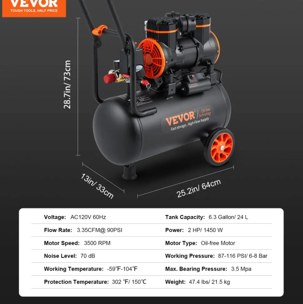 VEVOR 6.3 Gallon Air Compressor, 2 HP 3.35 CFM@90PSI Air Compressors with Max. 116PSI Pressure, Oil Free Compressor Tank for Auto Repair, Tire Inflation, Spray Painting, Woodwork Nailing