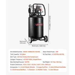 VEVOR 14-Gallon Air Compressor, 2HP 4.3 SCFM at 90PSI, Max 125PSI Pressure Oil-Free Air Compressor Tank, Portable on Wheels for Auto Repair, Tire Inflation, Spray Painting, Woodwork Nailing, 120V