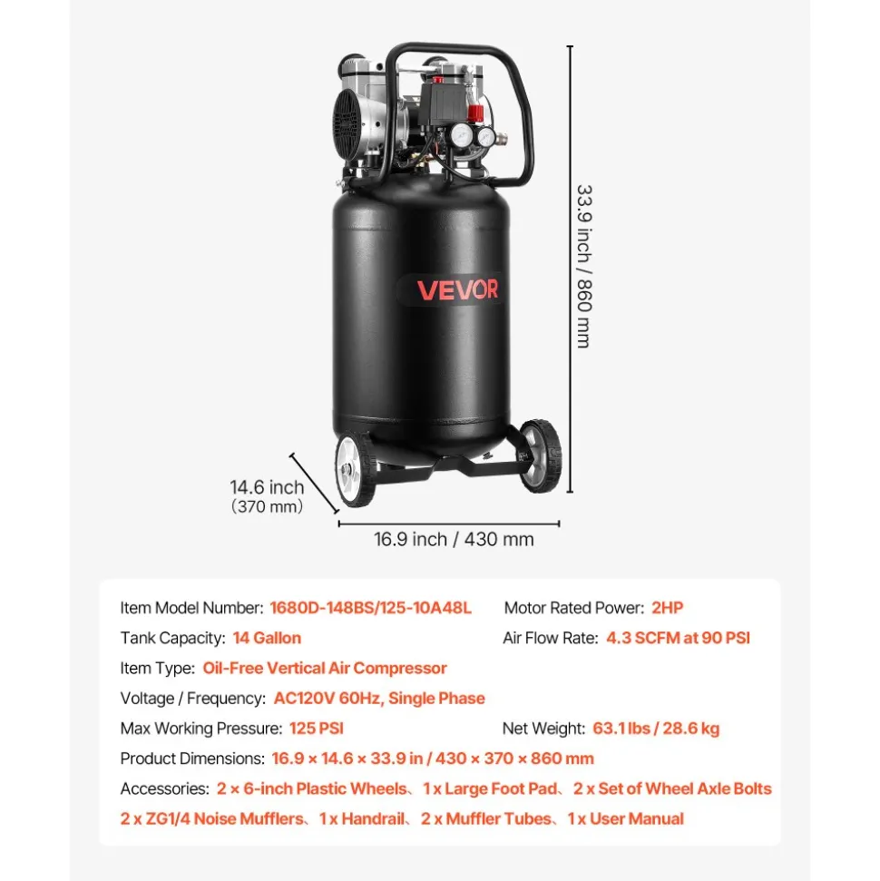 VEVOR 14-Gallon Air Compressor, 2HP 4.3 SCFM at 90PSI, Max 125PSI Pressure Oil-Free Air Compressor Tank, Portable on Wheels for Auto Repair, Tire Inflation, Spray Painting, Woodwork Nailing, 120V