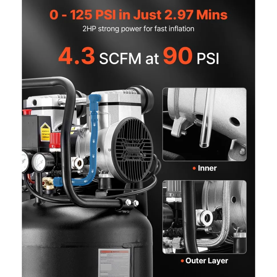 VEVOR 14-Gallon Air Compressor, 2HP 4.3 SCFM at 90PSI, Max 125PSI Pressure Oil-Free Air Compressor Tank, Portable on Wheels for Auto Repair, Tire Inflation, Spray Painting, Woodwork Nailing, 120V