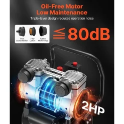 VEVOR 14-Gallon Air Compressor, 2HP 4.3 SCFM at 90PSI, Max 125PSI Pressure Oil-Free Air Compressor Tank, Portable on Wheels for Auto Repair, Tire Inflation, Spray Painting, Woodwork Nailing, 120V