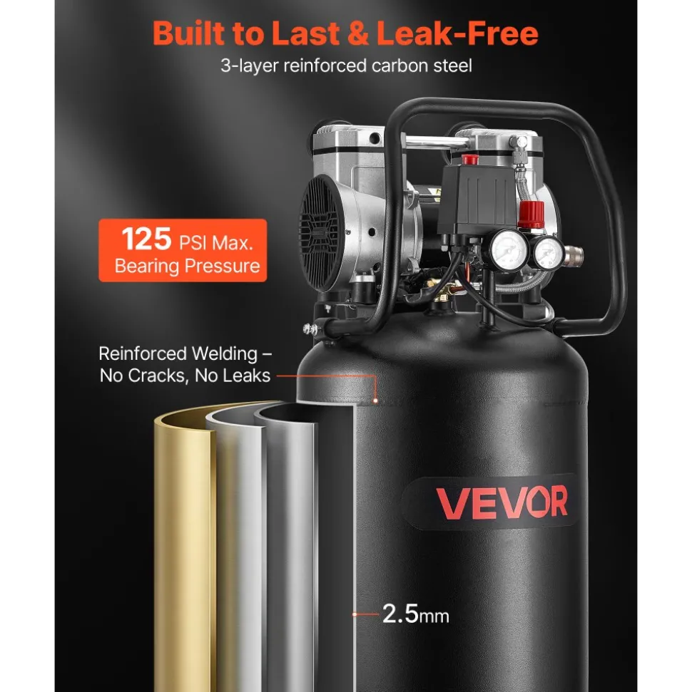 VEVOR 14-Gallon Air Compressor, 2HP 4.3 SCFM at 90PSI, Max 125PSI Pressure Oil-Free Air Compressor Tank, Portable on Wheels for Auto Repair, Tire Inflation, Spray Painting, Woodwork Nailing, 120V