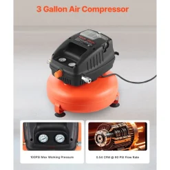 VEVOR 3 Gallon Air Compressor, 1/3HP 0.54CFM @ 90PSI Portable Pancake Air Compressor & 100PSI Max Working Pressure, Oil-Free Compressor Tank for Tire Inflation, Spray Painting, Woodwork Nailing, 120V