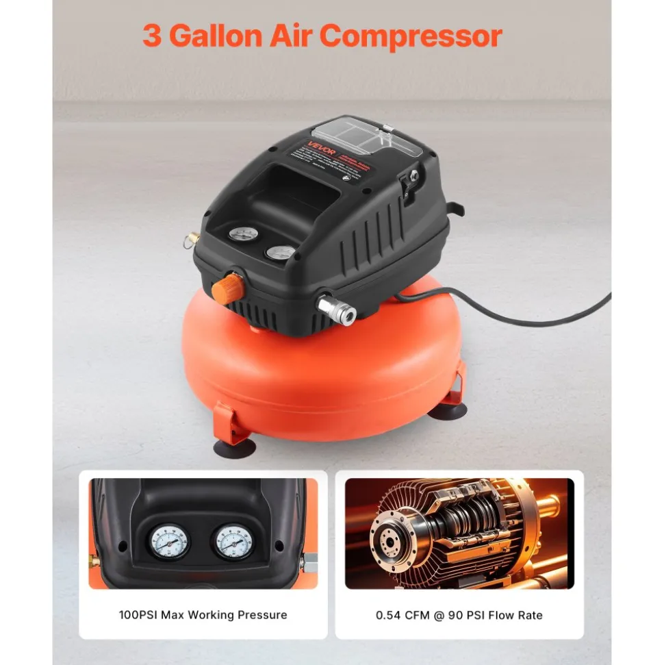 VEVOR 3 Gallon Air Compressor, 1/3HP 0.54CFM @ 90PSI Portable Pancake Air Compressor & 100PSI Max Working Pressure, Oil-Free Compressor Tank for Tire Inflation, Spray Painting, Woodwork Nailing, 120V