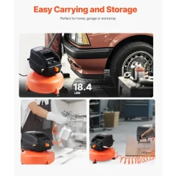VEVOR 3 Gallon Air Compressor, 1/3HP 0.54CFM @ 90PSI Portable Pancake Air Compressor & 100PSI Max Working Pressure, Oil-Free Compressor Tank for Tire Inflation, Spray Painting, Woodwork Nailing, 120V