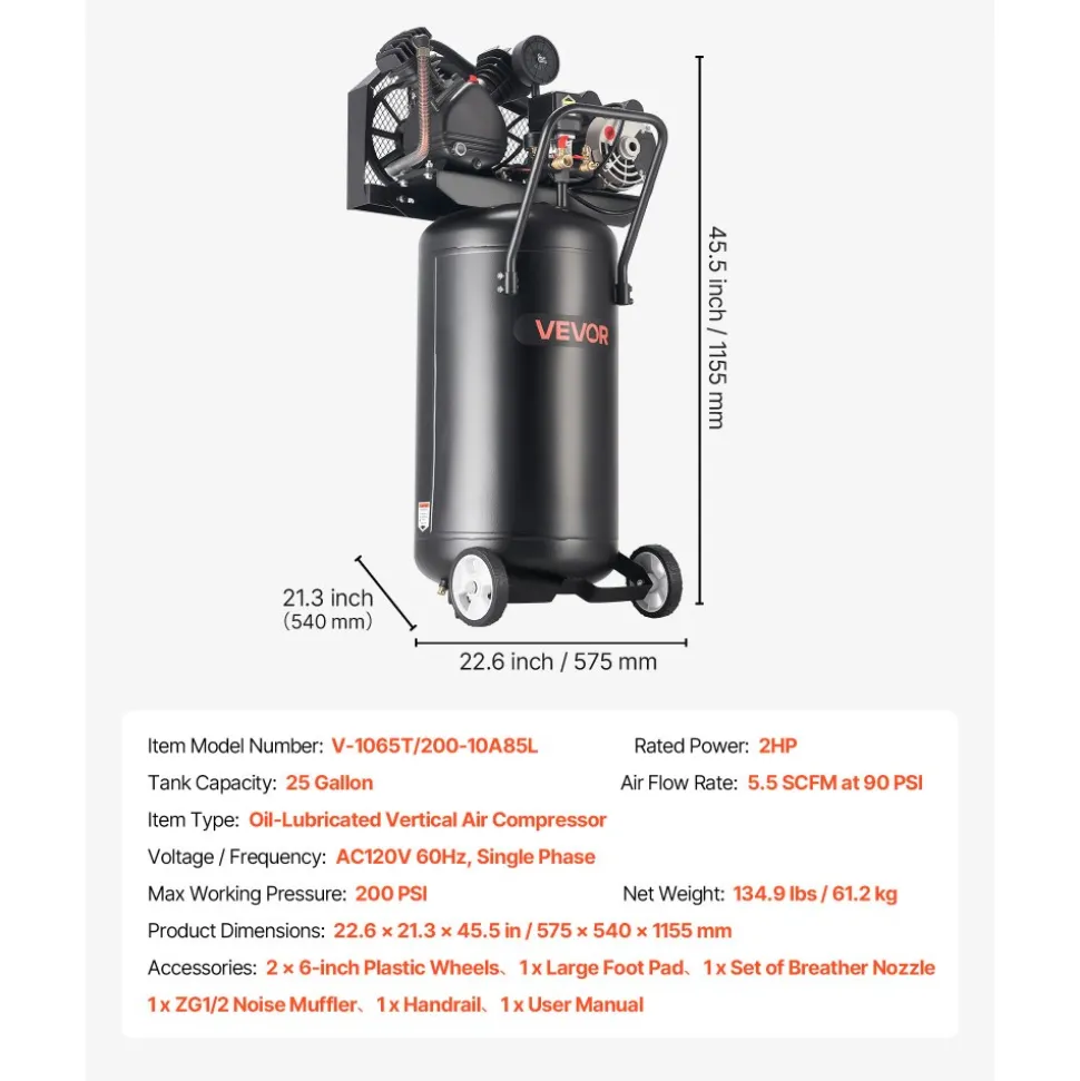 VEVOR 25-Gallon Air Compressor, 2HP 5.5 SCFM at 90PSI, Max 200PSI Pressure Oil-Lubricated Air Compressor Tank, Portable on Wheels for Auto Repair, Tire Inflation, Spray Painting, Woodwork Nailing, 120V