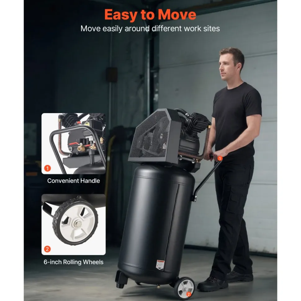 VEVOR 25-Gallon Air Compressor, 2HP 5.5 SCFM at 90PSI, Max 200PSI Pressure Oil-Lubricated Air Compressor Tank, Portable on Wheels for Auto Repair, Tire Inflation, Spray Painting, Woodwork Nailing, 120V