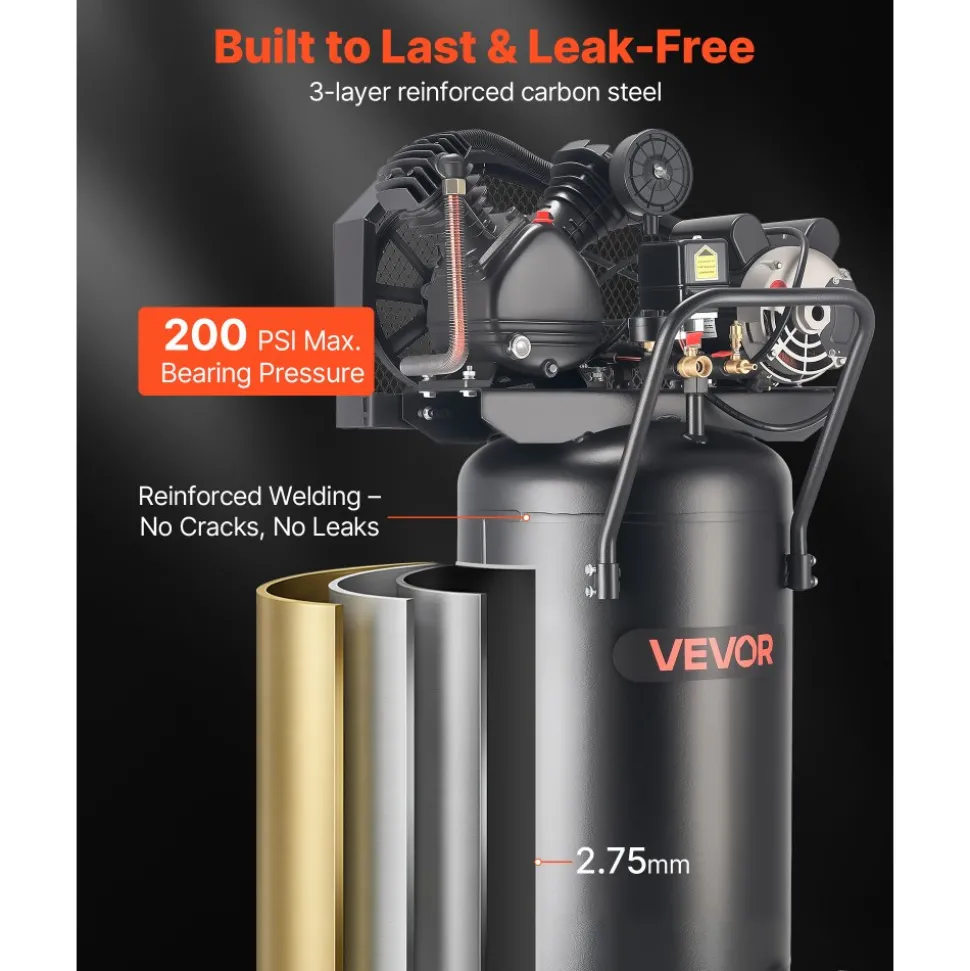 VEVOR 25-Gallon Air Compressor, 2HP 5.5 SCFM at 90PSI, Max 200PSI Pressure Oil-Lubricated Air Compressor Tank, Portable on Wheels for Auto Repair, Tire Inflation, Spray Painting, Woodwork Nailing, 120V