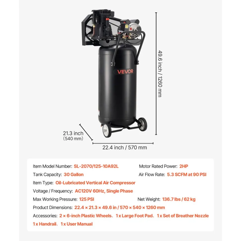 VEVOR 30-Gallon Air Compressor, 2HP 5.3SCFM at 90PSI, Max 125PSI Pressure Oil-Lubricated Air Compressor Tank, Portable on Wheels for Auto Repair, Tire Inflation, Spray Painting, Woodwork Nailing, 120V