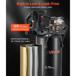 VEVOR 30-Gallon Air Compressor, 2HP 5.3SCFM at 90PSI, Max 125PSI Pressure Oil-Lubricated Air Compressor Tank, Portable on Wheels for Auto Repair, Tire Inflation, Spray Painting, Woodwork Nailing, 120V