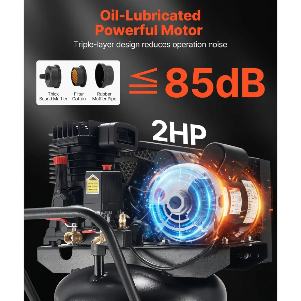 VEVOR 30-Gallon Air Compressor, 2HP 5.3SCFM at 90PSI, Max 125PSI Pressure Oil-Lubricated Air Compressor Tank, Portable on Wheels for Auto Repair, Tire Inflation, Spray Painting, Woodwork Nailing, 120V
