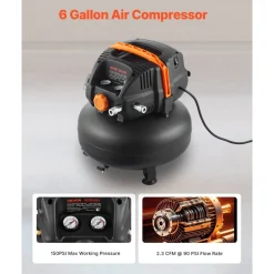 VEVOR 6 Gallon Air Compressor, 1.7HP 2.3CFM @ 90PSI Portable Pancake Air Compressor & 150PSI Max Working Pressure, Oil-Free Compressor Tank for Tire Inflation, Spray Painting, Woodwork Nailing, 120V