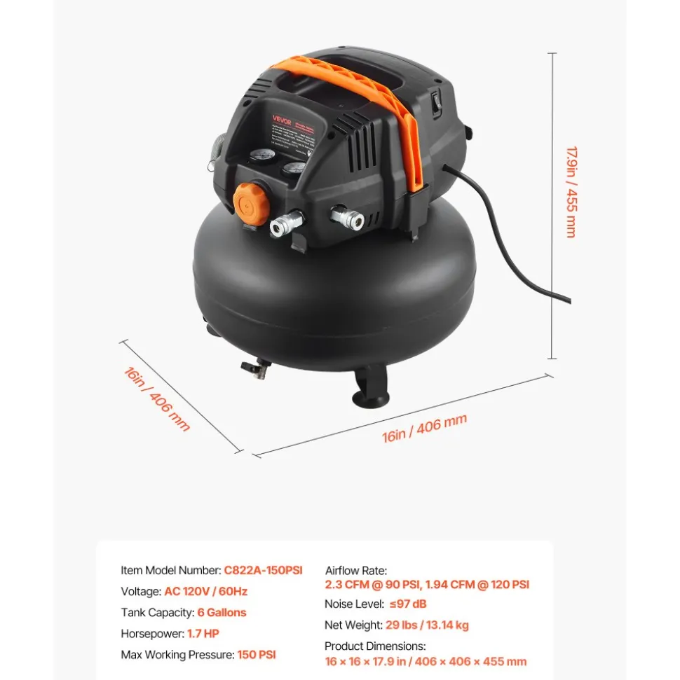 VEVOR 6 Gallon Air Compressor, 1.7HP 2.3CFM @ 90PSI Portable Pancake Air Compressor & 150PSI Max Working Pressure, Oil-Free Compressor Tank for Tire Inflation, Spray Painting, Woodwork Nailing, 120V
