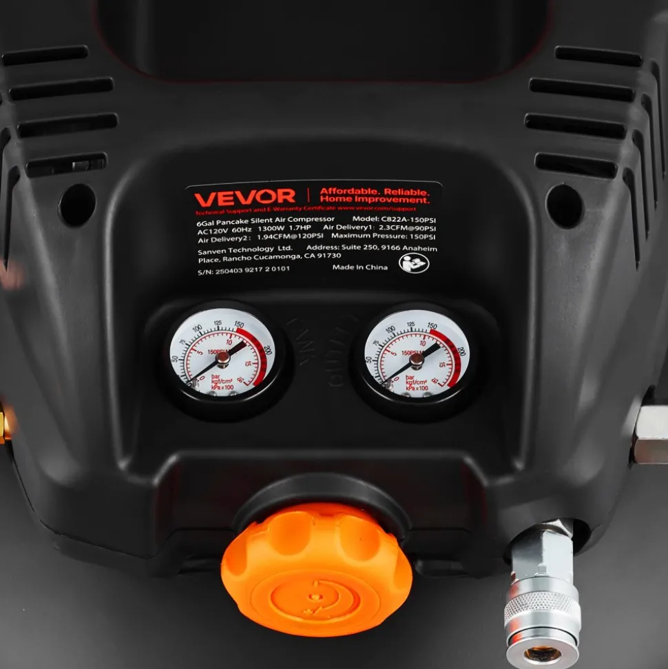 VEVOR 6 Gallon Air Compressor, 1.7HP 2.3CFM @ 90PSI Portable Pancake Air Compressor & 150PSI Max Working Pressure, Oil-Free Compressor Tank for Tire Inflation, Spray Painting, Woodwork Nailing, 120V