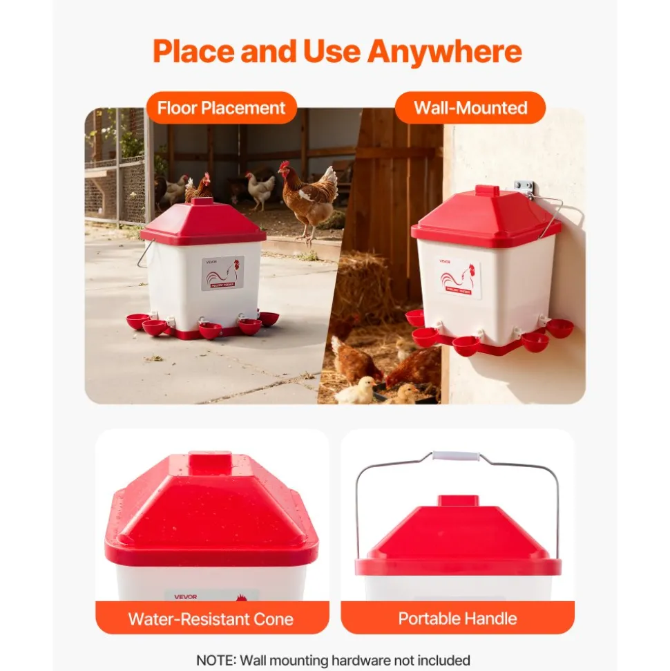 VEVOR 5 Gallon Automatic Chicken Waterer, 6 Water Ports, Automatic-Fill Water Cup, Automatic Gravity Waterer with Handle & Sealed Rubber Ring, Waterproof PP Material, No Waste Design, for Chicken
