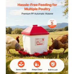 VEVOR 5 Gallon Automatic Chicken Waterer, 6 Water Ports, Automatic-Fill Water Cup, Automatic Gravity Waterer with Handle & Sealed Rubber Ring, Waterproof PP Material, No Waste Design, for Chicken