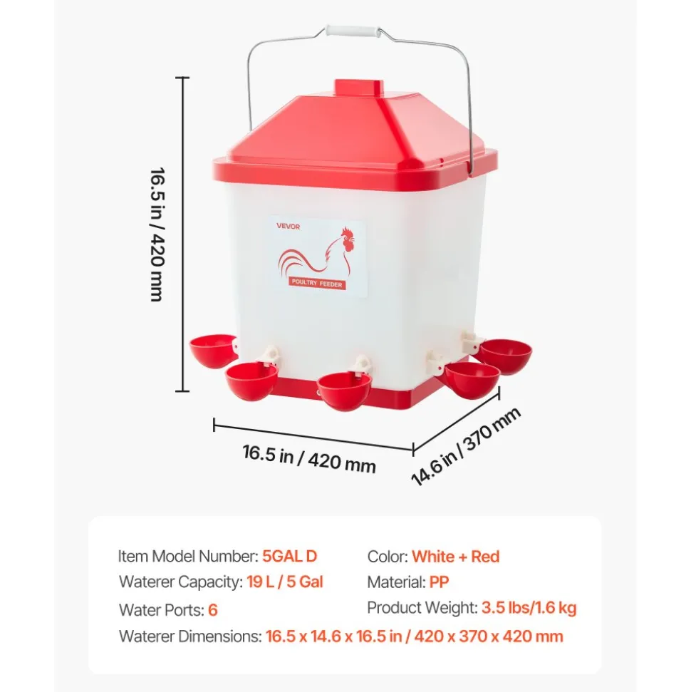 VEVOR 5 Gallon Automatic Chicken Waterer, 6 Water Ports, Automatic-Fill Water Cup, Automatic Gravity Waterer with Handle & Sealed Rubber Ring, Waterproof PP Material, No Waste Design, for Chicken