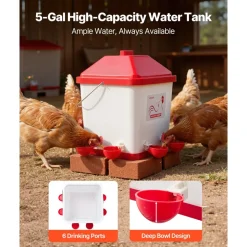 VEVOR 5 Gallon Automatic Chicken Waterer, 6 Water Ports, Automatic-Fill Water Cup, Automatic Gravity Waterer with Handle & Sealed Rubber Ring, Waterproof PP Material, No Waste Design, for Chicken