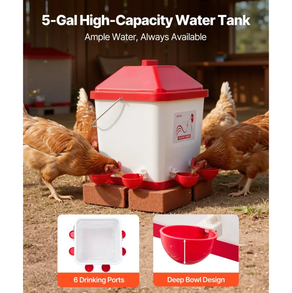 VEVOR 5 Gallon Automatic Chicken Waterer, 6 Water Ports, Automatic-Fill Water Cup, Automatic Gravity Waterer with Handle & Sealed Rubber Ring, Waterproof PP Material, No Waste Design, for Chicken