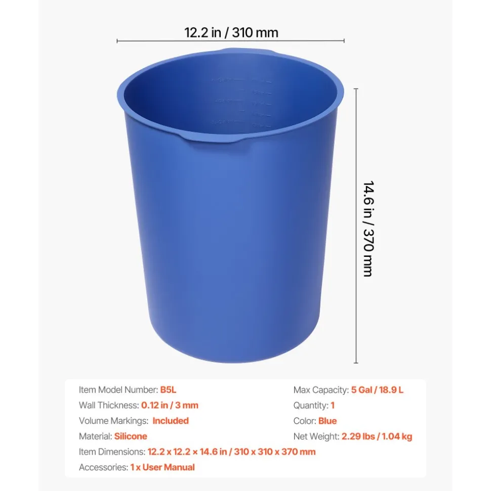 VEVOR 5 Gallon Bucket Liner for Concrete Mix, Reusable Silicone Mortar Bucket Liner for Thinset Paint Concrete Epoxy Mixing, Heavy-duty Grout Mixer Insert Tool with Graduated Measurements, Blue
