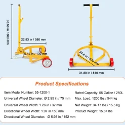 VEVOR 55 Gallon Drum Dolly, 1200 lbs Load Capacity, Barrel Dolly Cart Drum Caddy Round Dolly Steel Low Profile, Heavy Duty Steel Frame with Adjustable Handle 3 Wheels, for Workshop Factory Warehouse