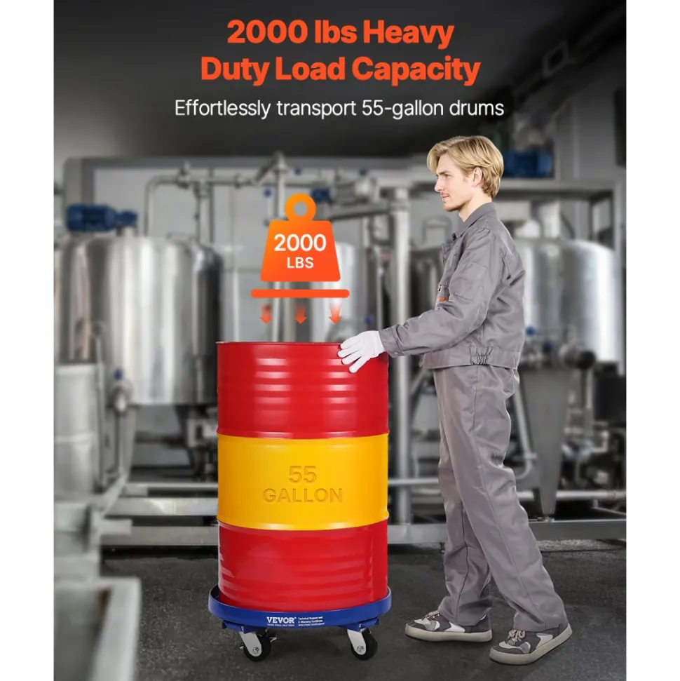 VEVOR 55 Gallon Drum Dolly, 2000 lbs Load Capacity, Heavy-Duty Barrel Dolly with Cross Braces and 4 Swivel Caster Wheels, Non Tipping Hand Truck Capacity Dollies for Warehouse Drum Handling, Blue