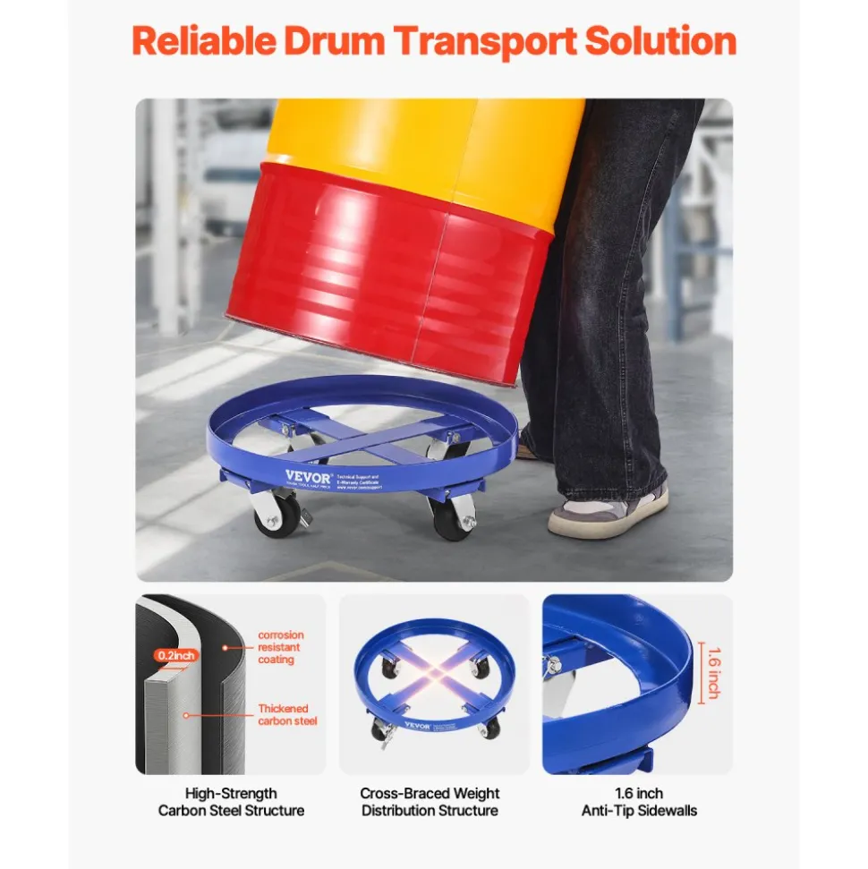 VEVOR 55 Gallon Drum Dolly, 2000 lbs Load Capacity, Heavy-Duty Barrel Dolly with Cross Braces and 4 Swivel Caster Wheels, Non Tipping Hand Truck Capacity Dollies for Warehouse Drum Handling, Blue