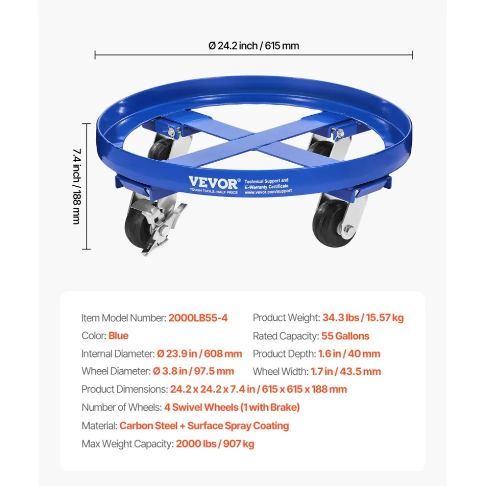VEVOR 55 Gallon Drum Dolly, 2000 lbs Load Capacity, Heavy-Duty Barrel Dolly with Cross Braces and 4 Swivel Caster Wheels, Non Tipping Hand Truck Capacity Dollies for Warehouse Drum Handling, Blue