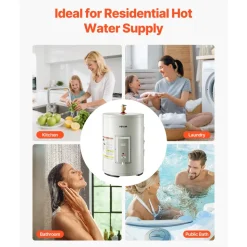 VEVOR 12 Gallon Electric Tank Water Heater, 1600W Point-of-Use Hot Water Heater with LED Display, Knob Control, Side Outlet, 120V Storage Design with T&P Valve for Small Apartments & Studios, Gray