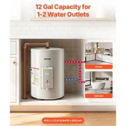 VEVOR 12 Gallon Electric Tank Water Heater, 1600W Point-of-Use Hot Water Heater with LED Display, Knob Control, Side Outlet, 120V Storage Design with T&P Valve for Small Apartments & Studios, Gray