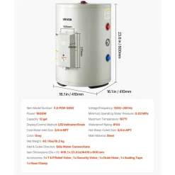 VEVOR 12 Gallon Electric Tank Water Heater, 1600W Point-of-Use Hot Water Heater with LED Display, Knob Control, Side Outlet, 120V Storage Design with T&P Valve for Small Apartments & Studios, Gray