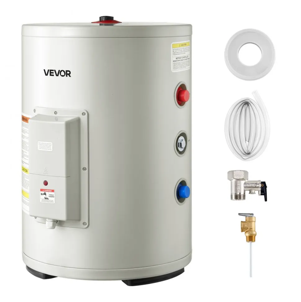 VEVOR 12 Gallon Electric Tank Water Heater, 1600W Point-of-Use Hot Water Heater with LED Display, Knob Control, Side Outlet, 120V Storage Design with T&P Valve for Small Apartments & Studios, Gray