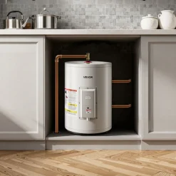 VEVOR 12 Gallon Electric Tank Water Heater, 1600W Point-of-Use Hot Water Heater with LED Display, Knob Control, Side Outlet, 120V Storage Design with T&P Valve for Small Apartments & Studios, Gray