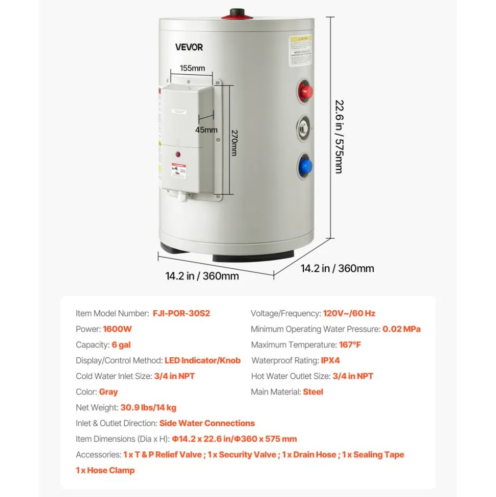 VEVOR 30 Gallon Electric Tank Water Heater, 5000W Point-of-Use Hot Water Heater with LED Display, Knob Control, Top Outlet, 240V with T&P Valve for Large Families, Small Commercial Spaces, Gray